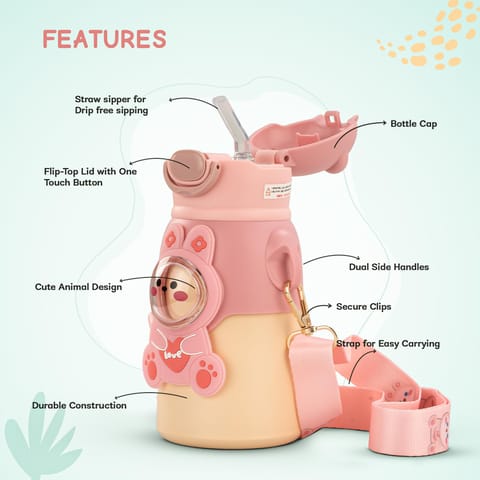 Baybee Cubby Baby Sipper Water Bottle with Soft Silicone Straw & Adjustable Strap | Spill-Proof & BPA Free Stainless Steel Insulated Safe Sipper Water Bottle for Kids 6+ Months Babies, Toddlers (Pink)