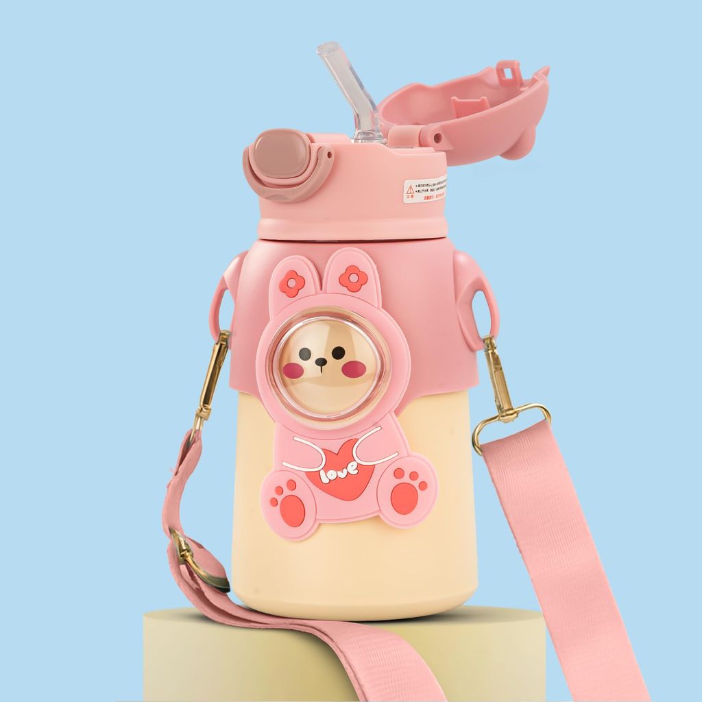 Baybee Cubby Baby Sipper Water Bottle with Soft Silicone Straw & Adjustable Strap | Spill-Proof & BPA Free Stainless Steel Insulated Safe Sipper Water Bottle for Kids 6+ Months Babies, Toddlers (Pink)