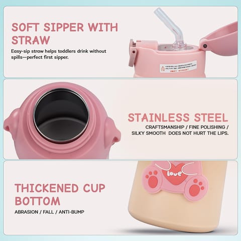 Baybee Cubby Baby Sipper Water Bottle with Soft Silicone Straw & Adjustable Strap | Spill-Proof & BPA Free Stainless Steel Insulated Safe Sipper Water Bottle for Kids 6+ Months Babies, Toddlers (Pink)