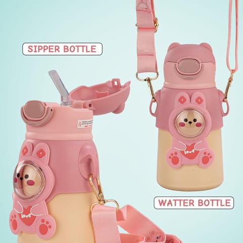 Baybee Cubby Baby Sipper Water Bottle with Soft Silicone Straw & Adjustable Strap | Spill-Proof & BPA Free Stainless Steel Insulated Safe Sipper Water Bottle for Kids 6+ Months Babies, Toddlers (Pink)