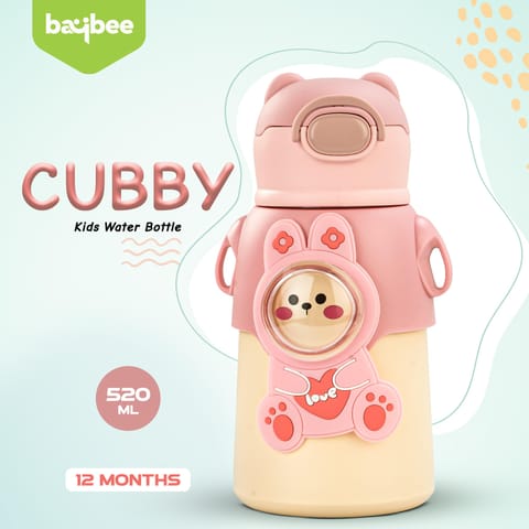 Baybee Cubby Baby Sipper Water Bottle with Soft Silicone Straw & Adjustable Strap | Spill-Proof & BPA Free Stainless Steel Insulated Safe Sipper Water Bottle for Kids 6+ Months Babies, Toddlers (Pink)