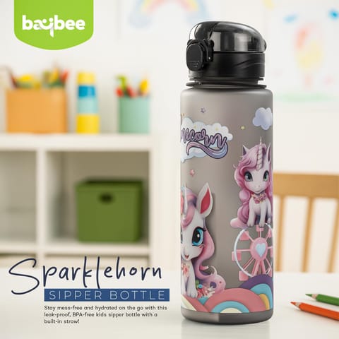 BAYBEE Sparklehorn Sipper Bottle with Straw for Kids 700ml | Leak Proof Sipper Water Bottle | BPA Free & Non-Toxic Sippy Cup, Baby Sippers | Drinking Sippy for School Kids, Babys & Toddlers (Black)