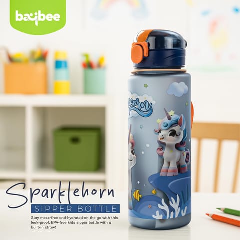 BAYBEE Sparklehorn Sipper Bottle with Straw for Kids 700ml | Leak Proof Sipper Water Bottle | BPA Free & Non-Toxic Sippy Cup, Baby Sippers | Drinking Sippy for School Kids, Babys & Toddlers (Blue)