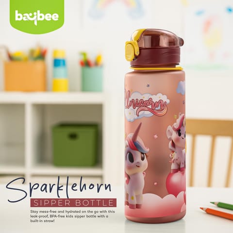 BAYBEE Sparklehorn Sipper Bottle with Straw for Kids 700ml | Leak Proof Sipper Water Bottle | BPA Free & Non-Toxic Sippy Cup, Baby Sippers | Drinking Sippy for School Kids, Babys & Toddlers (Pink)