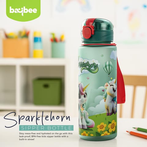 BAYBEE Sparklehorn Sipper Bottle with Straw for Kids 700ml | Leak Proof Sipper Water Bottle | BPA Free & Non-Toxic Sippy Cup, Baby Sippers | Drinking Sippy for School Kids, Babys & Toddlers (Green)