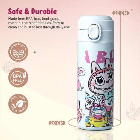 BAYBEE Stainless Steel Kids Sipper Water Bottle 420ml | Spill-Proof, BPA Free Insulated Sipper for Hot & Cold Drinks | One Hand Flip Lid, Non-Skid Base, Drinking Water Bottle for Boys Girls (Blue)