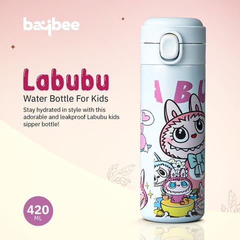BAYBEE Stainless Steel Kids Sipper Water Bottle 420ml | Spill-Proof, BPA Free Insulated Sipper for Hot & Cold Drinks | One Hand Flip Lid, Non-Skid Base, Drinking Water Bottle for Boys Girls (Blue)