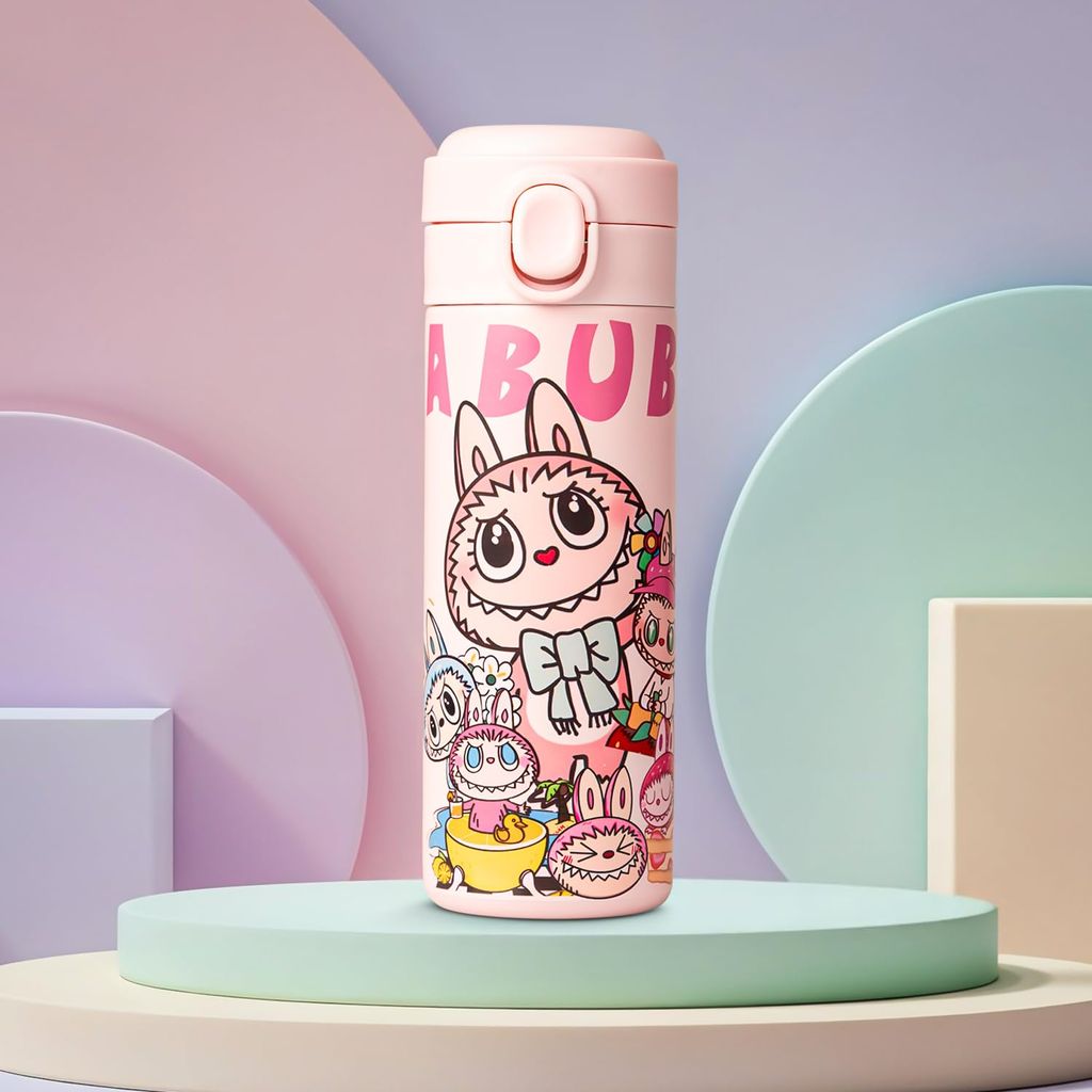 BAYBEE Stainless Steel Kids Sipper Water Bottle 420ml | Spill-Proof, BPA Free Insulated Sipper for Hot & Cold Drinks | One Hand Flip Lid, Non-Skid Base, Drinking Water Bottle for Boys Girls (Pink)