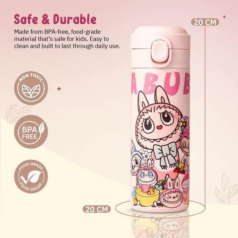BAYBEE Stainless Steel Kids Sipper Water Bottle 420ml | Spill-Proof, BPA Free Insulated Sipper for Hot & Cold Drinks | One Hand Flip Lid, Non-Skid Base, Drinking Water Bottle for Boys Girls (Pink)