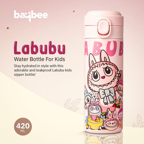 BAYBEE Stainless Steel Kids Sipper Water Bottle 420ml | Spill-Proof, BPA Free Insulated Sipper for Hot & Cold Drinks | One Hand Flip Lid, Non-Skid Base, Drinking Water Bottle for Boys Girls (Pink)