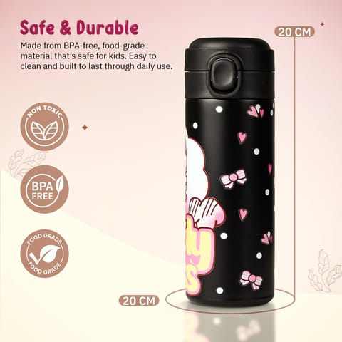 BAYBEE Stainless Steel Kids Sipper Water Bottle 420ml | Spill-Proof, BPA Free Insulated Sipper for Hot & Cold Drinks | One Hand Flip Lid, Non-Skid Base, Drinking Water Bottle for Boys Girls (Black)