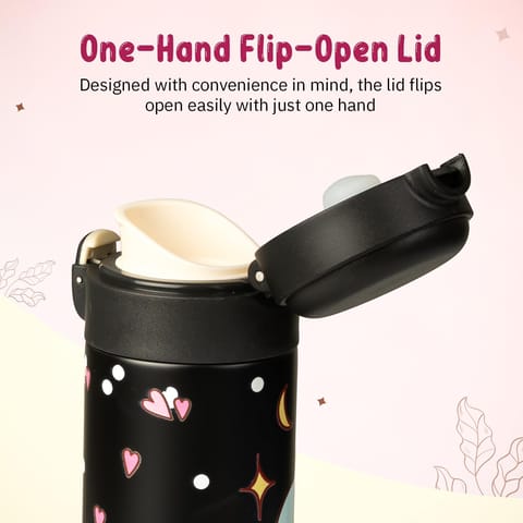 BAYBEE Stainless Steel Kids Sipper Water Bottle 420ml | Spill-Proof, BPA Free Insulated Sipper for Hot & Cold Drinks | One Hand Flip Lid, Non-Skid Base, Drinking Water Bottle for Boys Girls (Black)