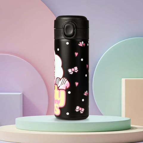 BAYBEE Stainless Steel Kids Sipper Water Bottle 420ml | Spill-Proof, BPA Free Insulated Sipper for Hot & Cold Drinks | One Hand Flip Lid, Non-Skid Base, Drinking Water Bottle for Boys Girls (Black)