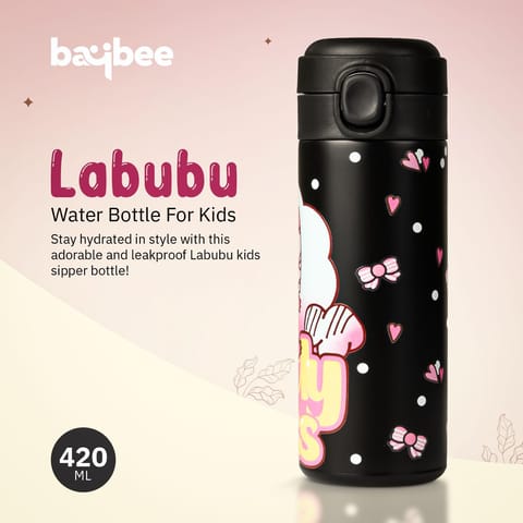 BAYBEE Stainless Steel Kids Sipper Water Bottle 420ml | Spill-Proof, BPA Free Insulated Sipper for Hot & Cold Drinks | One Hand Flip Lid, Non-Skid Base, Drinking Water Bottle for Boys Girls (Black)