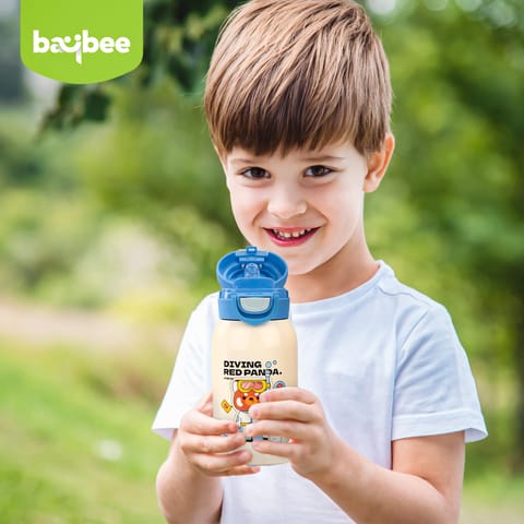 Baybee 2 in 1 PandaPlunge Baby Sipper Bottle with Straw for Kids | Leak Proof Sipper Water Bottle with Carry Pouch & Adjustable Strap | BPA Free & Non-Toxic with 550ml Capacity | Drinking Water Bottle for School Kids Boys Girls (Blue)