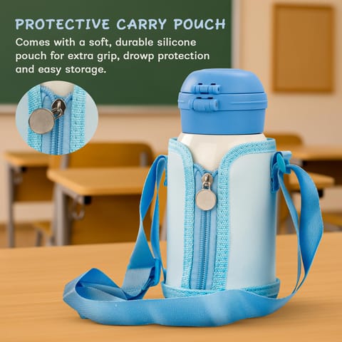 Baybee 2 in 1 PandaPlunge Baby Sipper Bottle with Straw for Kids | Leak Proof Sipper Water Bottle with Carry Pouch & Adjustable Strap | BPA Free & Non-Toxic with 550ml Capacity | Drinking Water Bottle for School Kids Boys Girls (Blue)