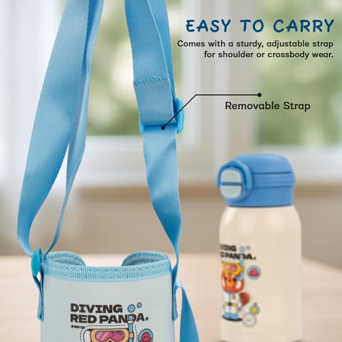 Baybee 2 in 1 PandaPlunge Baby Sipper Bottle with Straw for Kids | Leak Proof Sipper Water Bottle with Carry Pouch & Adjustable Strap | BPA Free & Non-Toxic with 550ml Capacity | Drinking Water Bottle for School Kids Boys Girls (Blue)