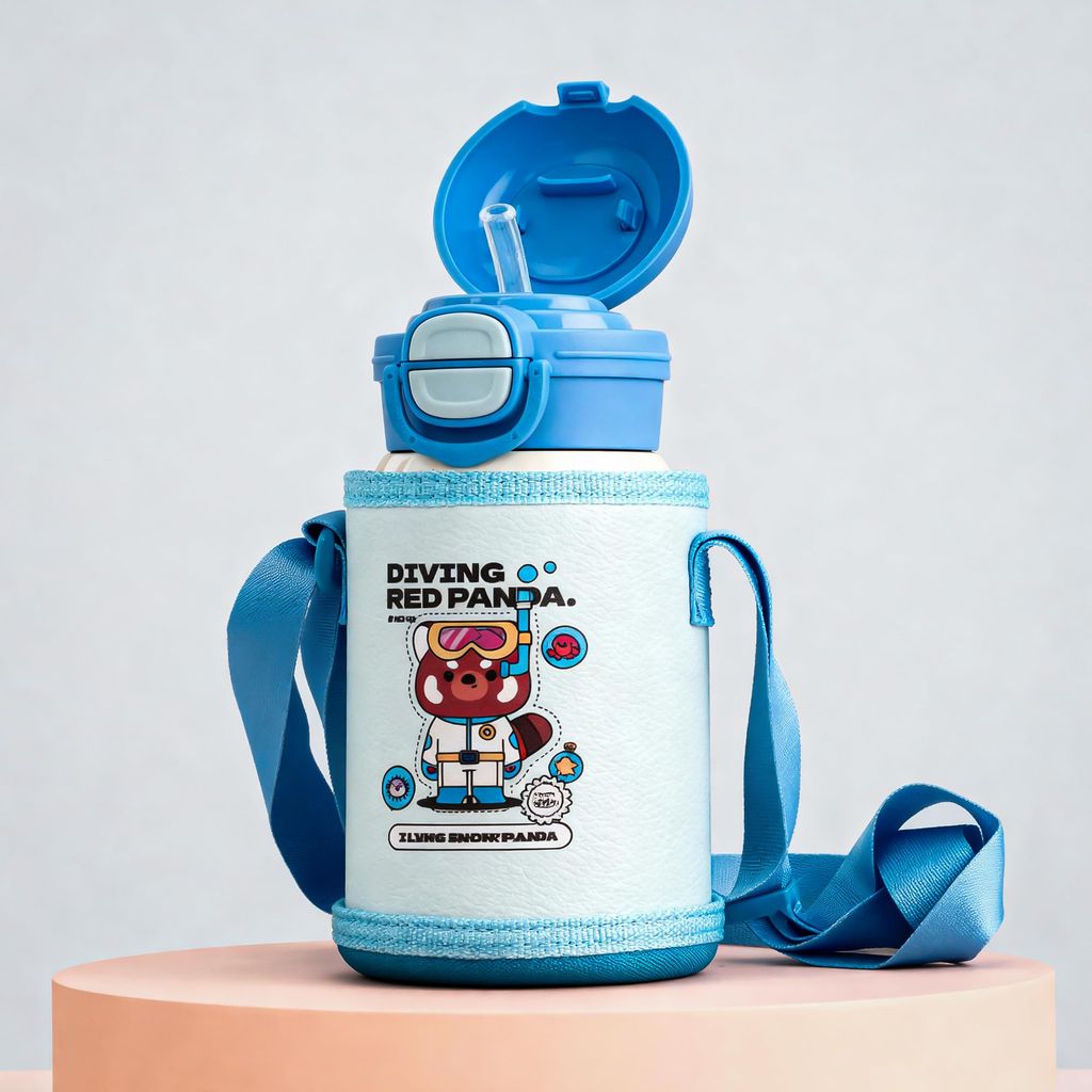 Baybee 2 in 1 PandaPlunge Baby Sipper Bottle with Straw for Kids | Leak Proof Sipper Water Bottle with Carry Pouch & Adjustable Strap | BPA Free & Non-Toxic with 550ml Capacity | Drinking Water Bottle for School Kids Boys Girls (Blue)