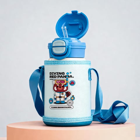 Baybee 2 in 1 PandaPlunge Baby Sipper Bottle with Straw for Kids | Leak Proof Sipper Water Bottle with Carry Pouch & Adjustable Strap | BPA Free & Non-Toxic with 550ml Capacity | Drinking Water Bottle for School Kids Boys Girls (Blue)