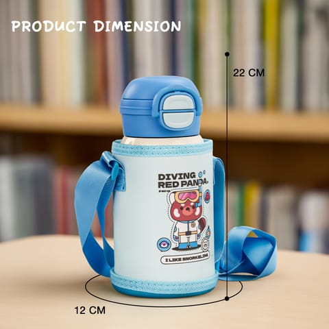 Baybee 2 in 1 PandaPlunge Baby Sipper Bottle with Straw for Kids | Leak Proof Sipper Water Bottle with Carry Pouch & Adjustable Strap | BPA Free & Non-Toxic with 550ml Capacity | Drinking Water Bottle for School Kids Boys Girls (Blue)