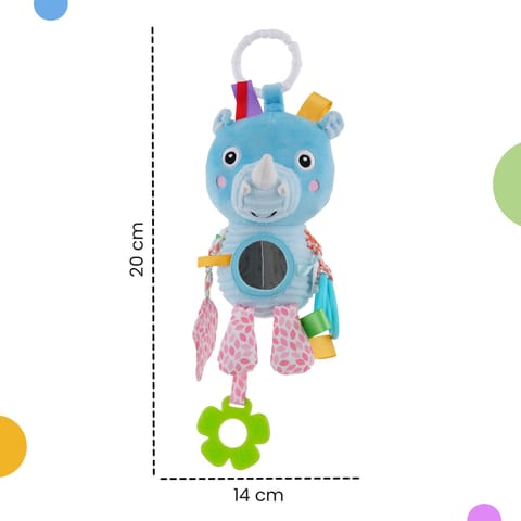 Nuluv Activity Rhino Baby Toy, Plush Sensory Stroller Toy with Teether, Crinkle Leaf & Mirror, Infant Development, Soft & Safe for Teething, 3+ Months