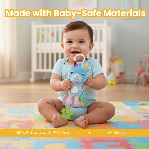 Nuluv Activity Rhino Baby Toy, Plush Sensory Stroller Toy with Teether, Crinkle Leaf & Mirror, Infant Development, Soft & Safe for Teething, 3+ Months