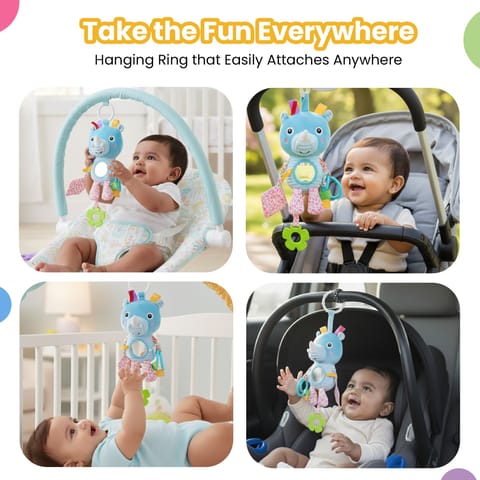 Nuluv Activity Rhino Baby Toy, Plush Sensory Stroller Toy with Teether, Crinkle Leaf & Mirror, Infant Development, Soft & Safe for Teething, 3+ Months