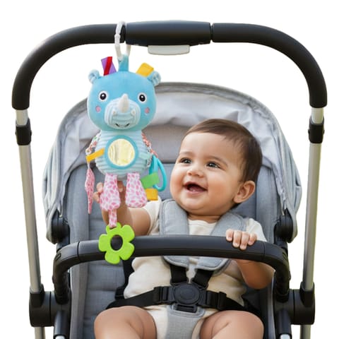 Nuluv Activity Rhino Baby Toy, Plush Sensory Stroller Toy with Teether, Crinkle Leaf & Mirror, Infant Development, Soft & Safe for Teething, 3+ Months