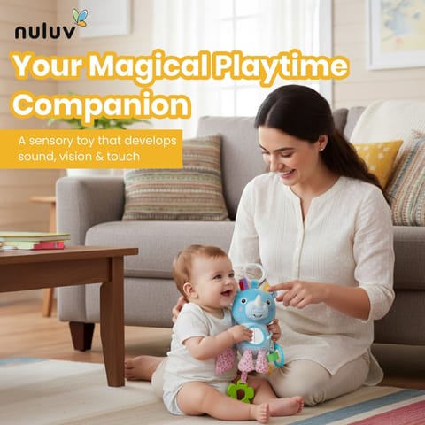 Nuluv Activity Rhino Baby Toy, Plush Sensory Stroller Toy with Teether, Crinkle Leaf & Mirror, Infant Development, Soft & Safe for Teething, 3+ Months