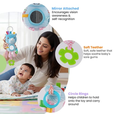 Nuluv Activity Rhino Baby Toy, Plush Sensory Stroller Toy with Teether, Crinkle Leaf & Mirror, Infant Development, Soft & Safe for Teething, 3+ Months