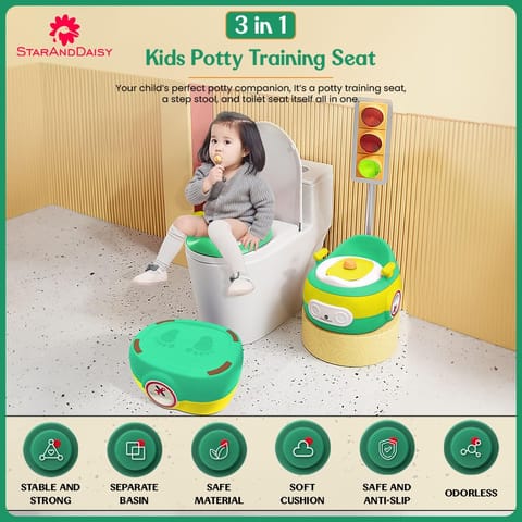 StarAndDaisy Potty Training Seat – Potty Seat for Kids 1-5 Years / 3In1 Comfortable Baby Potty Seat with Anti-Slip Toilet Seat with Pot, Handles & Splash Guard-Green yellow