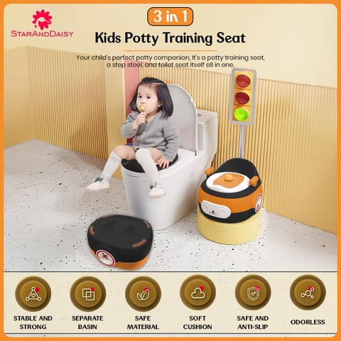 StarAndDaisy Potty Training Seat – Potty Seat for Kids 1-5 Years / 3In1 Comfortable Baby Potty Seat with Anti-Slip Toilet Seat with Pot, Handles & Splash Guard-Black Orange