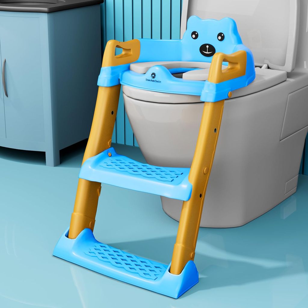 StarAndDaisy Baby Potty Seat – Potty Seat for Kids 1-5 Years/Ladder Potty Training Seat with Comfortable Soft Cushion, Anti-Skid Legs, Handles & Splash Guard-Golden Blue