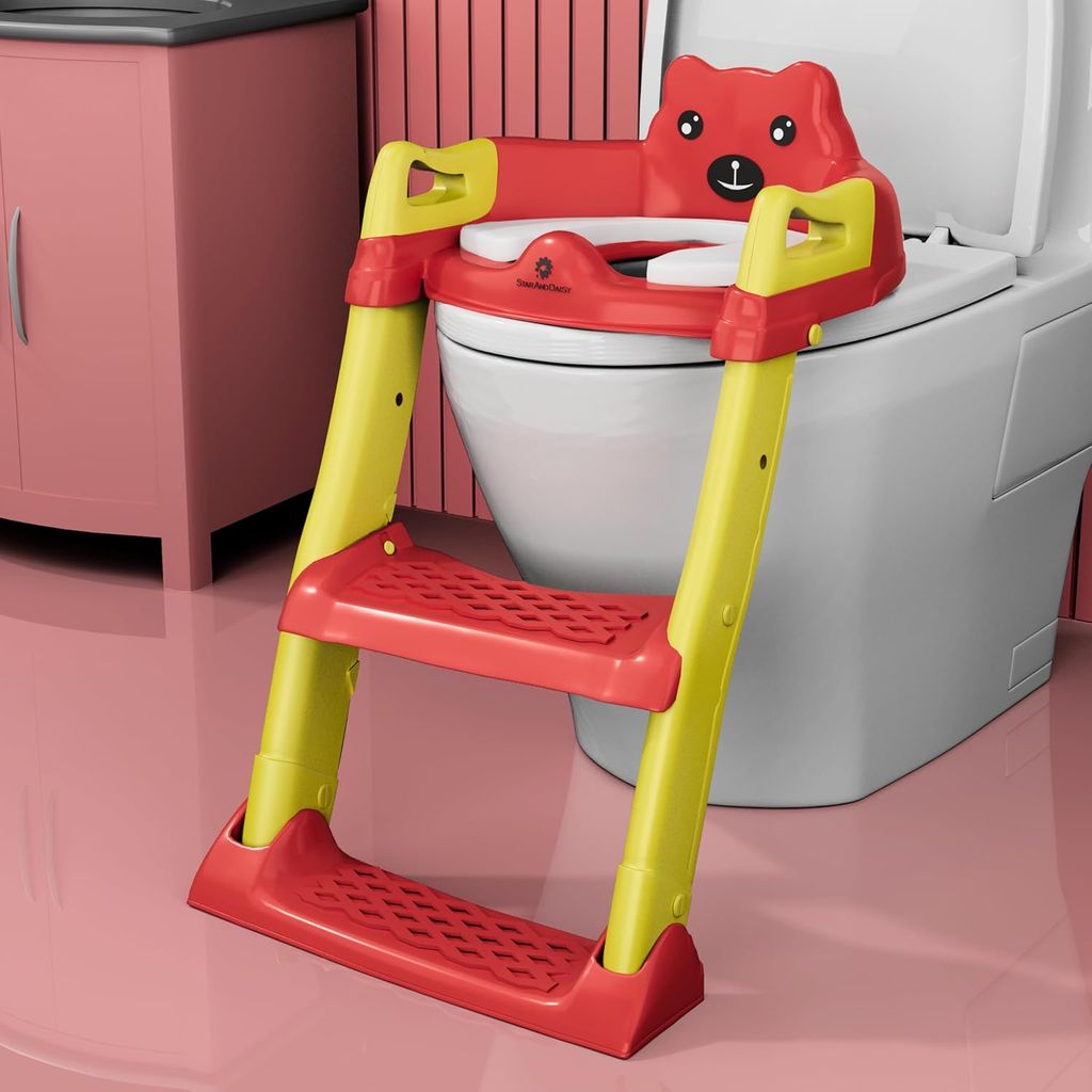 StarAndDaisy Baby Potty Seat – Potty Seat for Kids 1-5 Years/Ladder Potty Training Seat with Comfortable Soft Cushion, Anti-Skid Legs, Handles & Splash Guard-Red Yellow