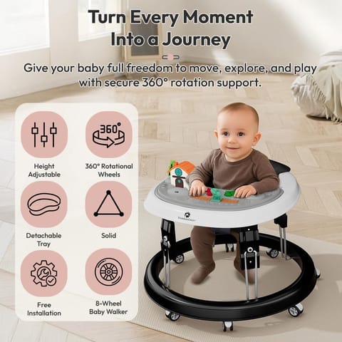 StarAndDaisy Walker for Kids 6 to 24 Months/Baby Walker Boys & Girls with 360° Rotational Wheels, Padded Seat & Removable Tray/Foldable Walker for Kids for 1 Year with Adjustable Height -Black