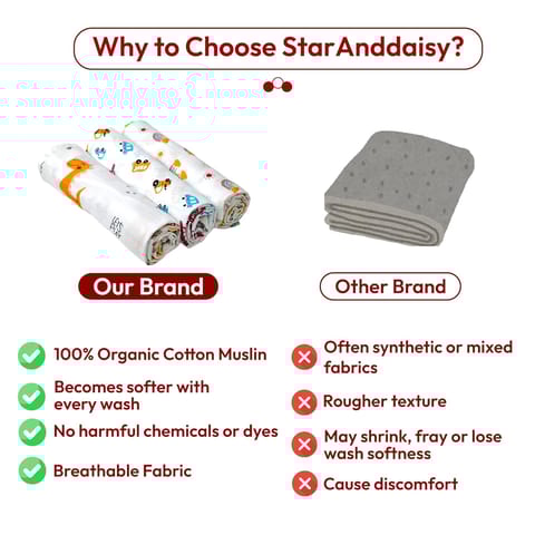 StarAndDaisy Soft Muslin Swaddle Blankets Pack of 3, 100% Pure Cotton Baby Blanket Set, Large Multipurpose Swaddling Wraps for Newborns Baby - Self-Soothing Swaddle. (Rainbow)