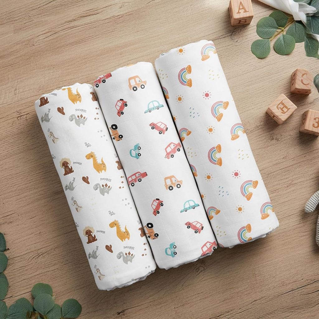 StarAndDaisy Soft Muslin Swaddle Blankets Pack of 3, 100% Pure Cotton Baby Blanket Set, Large Multipurpose Swaddling Wraps for Newborns Baby - Self-Soothing Swaddle. (Rainbow)