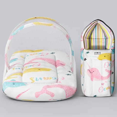 StarAndDaisy 2-in-1 Baby Sleeping Bag with Mosquito Net for Newborn/Soft & Breathable Cotton Sleeping Sack Cum Wrapper/Foldable Bag for Baby Protection/Infant (0-12 Months)-Ocean Print