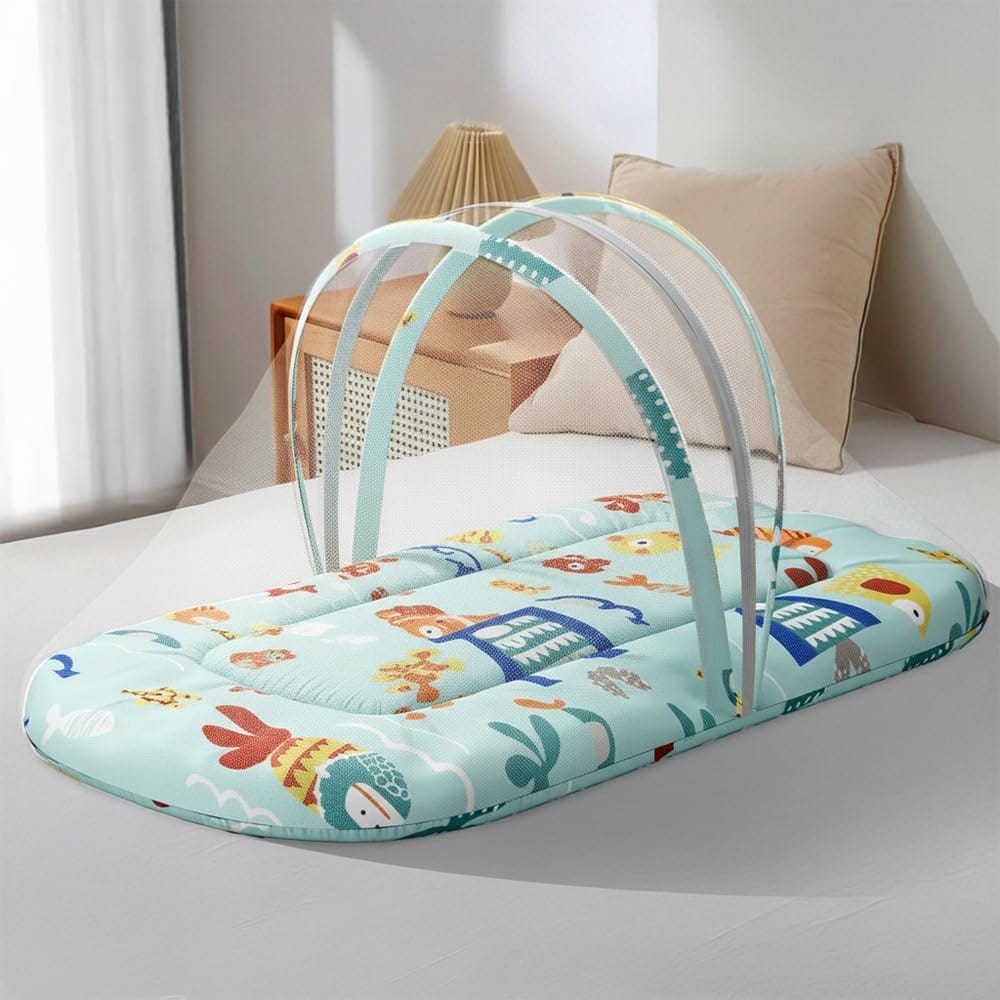StarAndDaisy 3 in 1 Baby Mosquito net/Nest for Sleeping - Mosquito net for Newborn Baby/Soft and Comfortable Bed, Washable Cotton Design for 0-12 Months Baby -Aqua Print