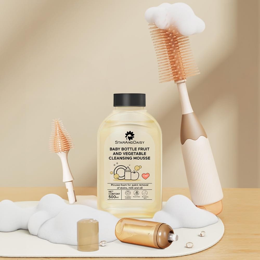 StarAndDaisy Baby Bottle Cleaning Brush Set with Silicone Bristle, 360° Cleaning Bottle Brush with 500 ML Bottle Cleaner & Long Handle, Easy to Clean Narrow & Wide Neck Bottles - Brown Beige