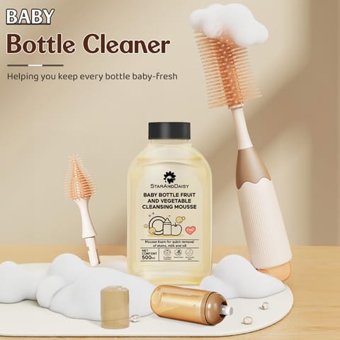 StarAndDaisy Baby Bottle Cleaning Brush Set with Silicone Bristle, 360° Cleaning Bottle Brush with 500 ML Bottle Cleaner & Long Handle, Easy to Clean Narrow & Wide Neck Bottles - Brown Beige