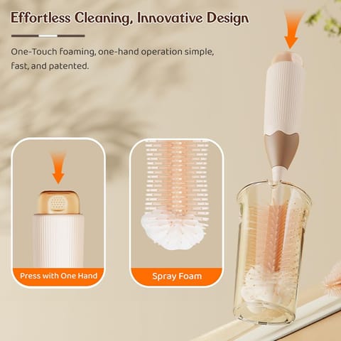 StarAndDaisy Baby Bottle Cleaning Brush Set with Silicone Bristle, 360° Cleaning Bottle Brush with 500 ML Bottle Cleaner & Long Handle, Easy to Clean Narrow & Wide Neck Bottles - Brown Beige