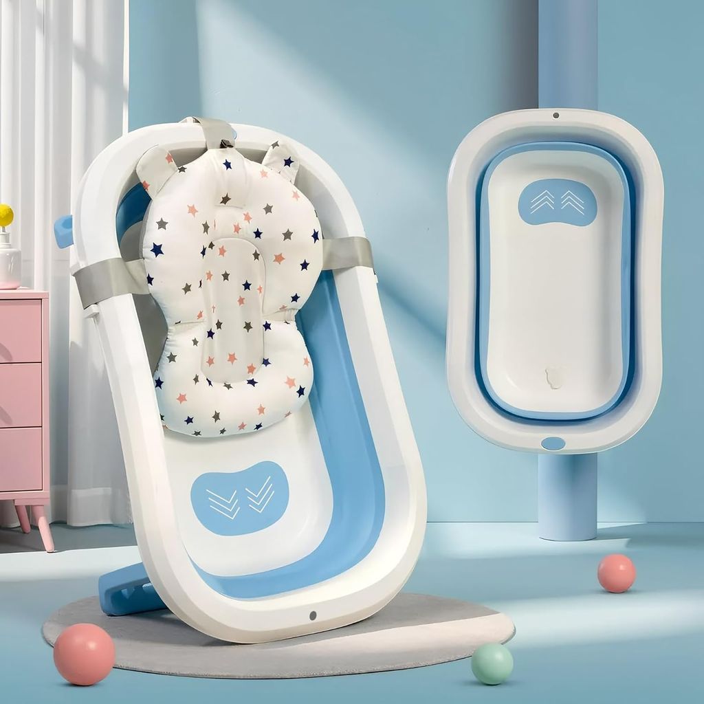 StarAndDaisy Bath Tub for Baby 0-3 Years/Foldable Bath tub for Kids with Cushion, Space Saving Design, Newborn Baby Folding Bathing Tub Girls & Boys, Easy to Store (Blue)