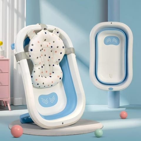 StarAndDaisy Bath Tub for Baby 0-3 Years/Foldable Bath tub for Kids with Cushion, Space Saving Design, Newborn Baby Folding Bathing Tub Girls & Boys, Easy to Store (Blue)