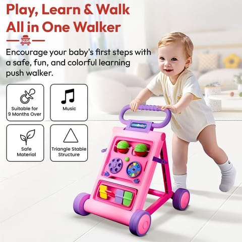 Uonibaby by StarAndDaisy Baby Walkers for 6-18 Month Baby Boy & Girl/Baby Activity Walker Learning Push Walker with Foldable Music and Toy Bar/Walker for Kids - Pink