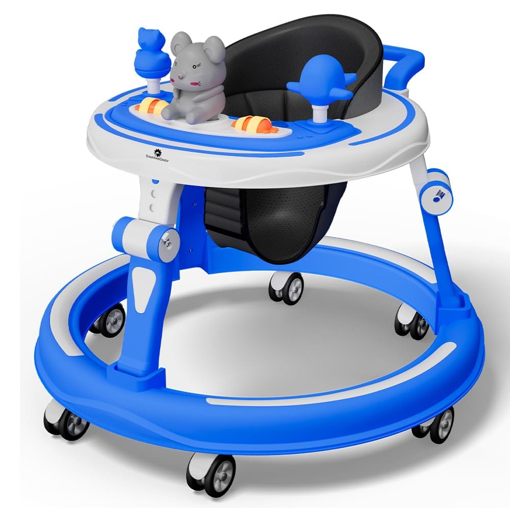 StarAndDaisy 360 Baby Walker 6-24 Months / 7 Level Height Adjustment Walker for Kids Boy and Girl with Switchable Food & Musical Toy Tray/Premium Baby Walker - Nevy Blue