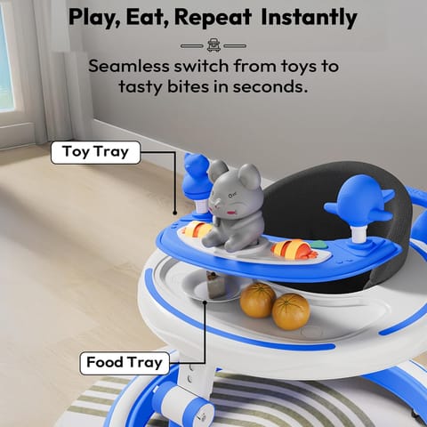 StarAndDaisy 360 Baby Walker 6-24 Months / 7 Level Height Adjustment Walker for Kids Boy and Girl with Switchable Food & Musical Toy Tray/Premium Baby Walker - Nevy Blue