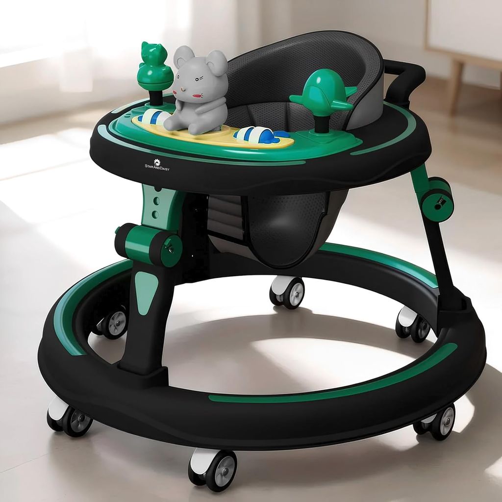 StarAndDaisy Baby Walkers for 9+, 6-24 Month Baby boy & Girl 360° Walker for Kids for 6-24 Months with 7 Level Height Adjustment, Baby Walker with Switchable Food & Musical Toy Tray -Green Black