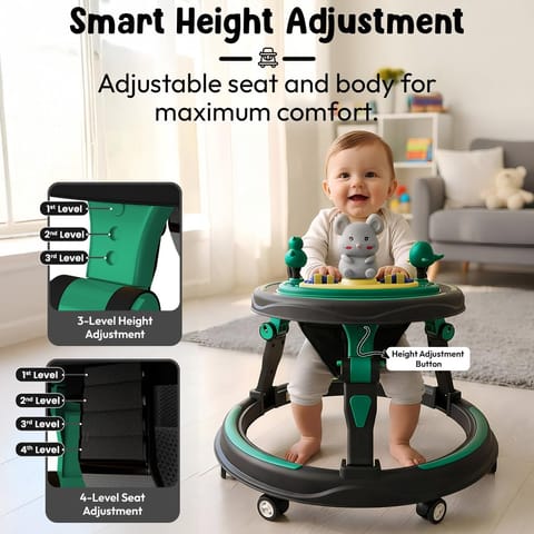 StarAndDaisy Baby Walkers for 9+, 6-24 Month Baby boy & Girl 360° Walker for Kids for 6-24 Months with 7 Level Height Adjustment, Baby Walker with Switchable Food & Musical Toy Tray -Green Black