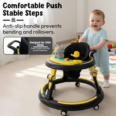 StarAndDaisy Baby Walkers for 9+, 6-24 Month Baby boy & Girl 360° Walker for Kids for 6-24 Months with 7 Level Height Adjustment, Baby Walker with Switchable Food & Musical Toy Tray -Yellow Black